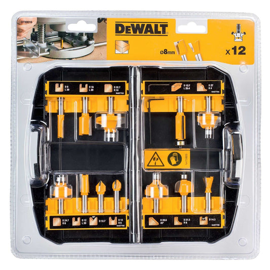 DEWALT 12-piece Carbide Router Bit Set (with Anti Kickback Design, Premium Steel Body, Carbide Cutting Edges and Interchangeable Ball Bearing, includes Box) DT90016