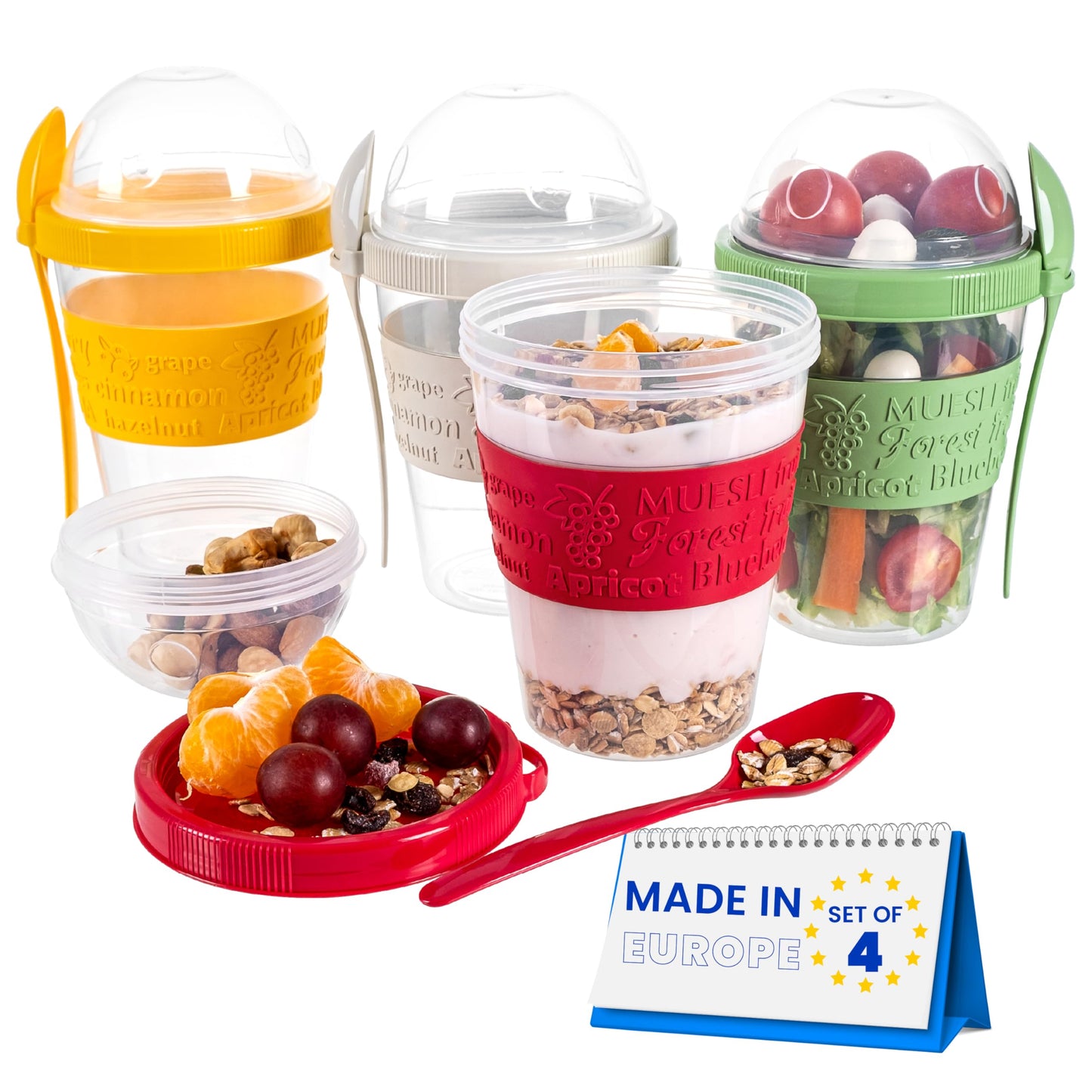 spar-home® 4-piece set yogurt cups To Go 600ml - muesli cup To Go with spoon Muesli To Go cup with lid for yogurt muesli eating on the go office school (4-piece set)