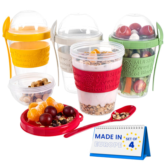 spar-home® 4-piece set yogurt cups To Go 600ml - muesli cup To Go with spoon Muesli To Go cup with lid for yogurt muesli eating on the go office school (4-piece set)