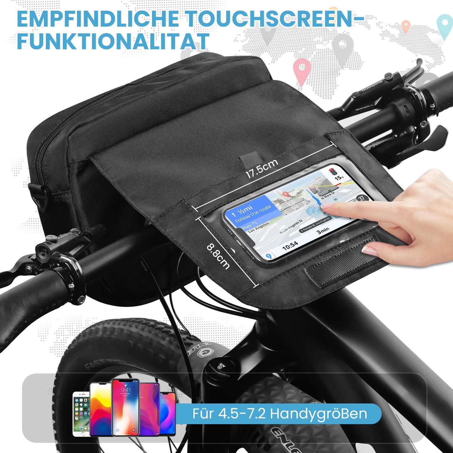 GXCROR handlebar bag for bikes 5L with adapter, phone holder, shoulder strap, quick release, water-resistant handlebar bag for urban commuters, traveling.