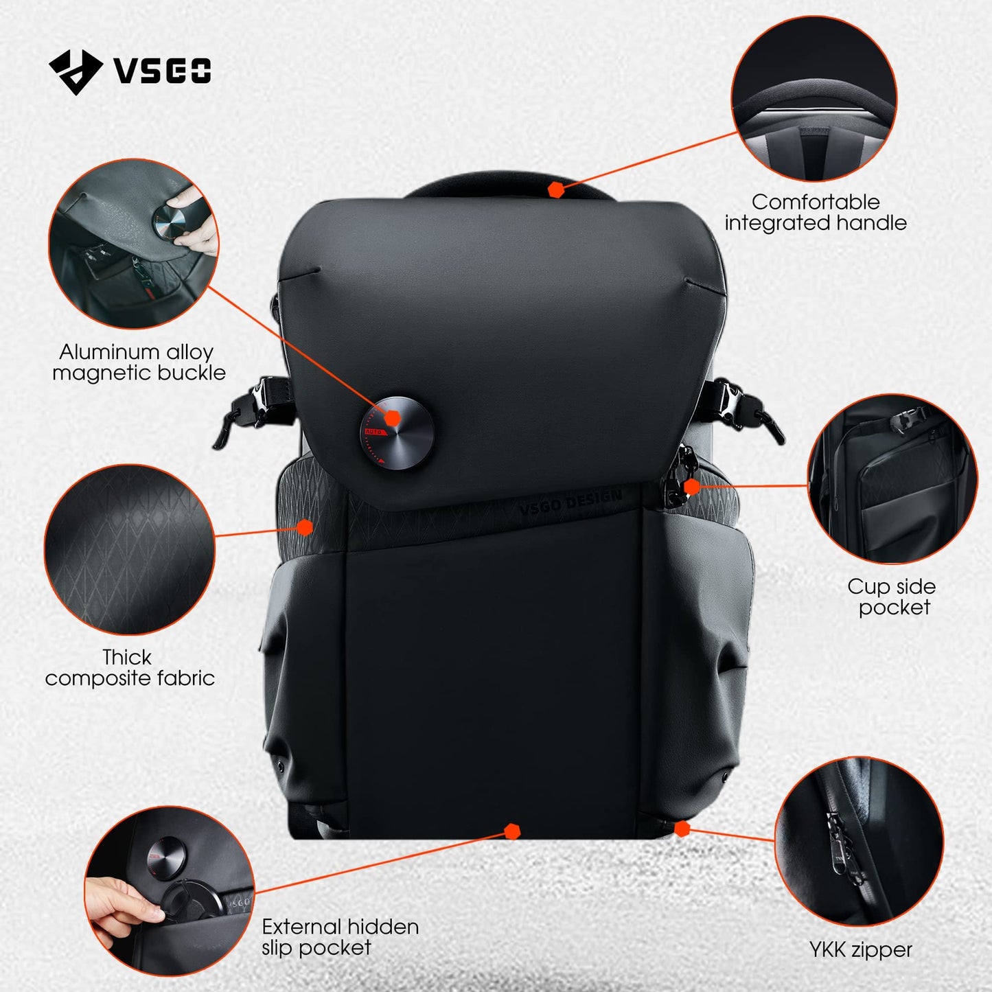 VSGO 20L Professional Camera Backpack designed for DSLR/SLR cameras like Sony, Canon, and Nikon. Also fits DJI RSC2 gimbals, tripods, 15.6" laptops, lenses, and other accessories. Made of waterproof TPU canvas, ideal for travel and outdoor use.