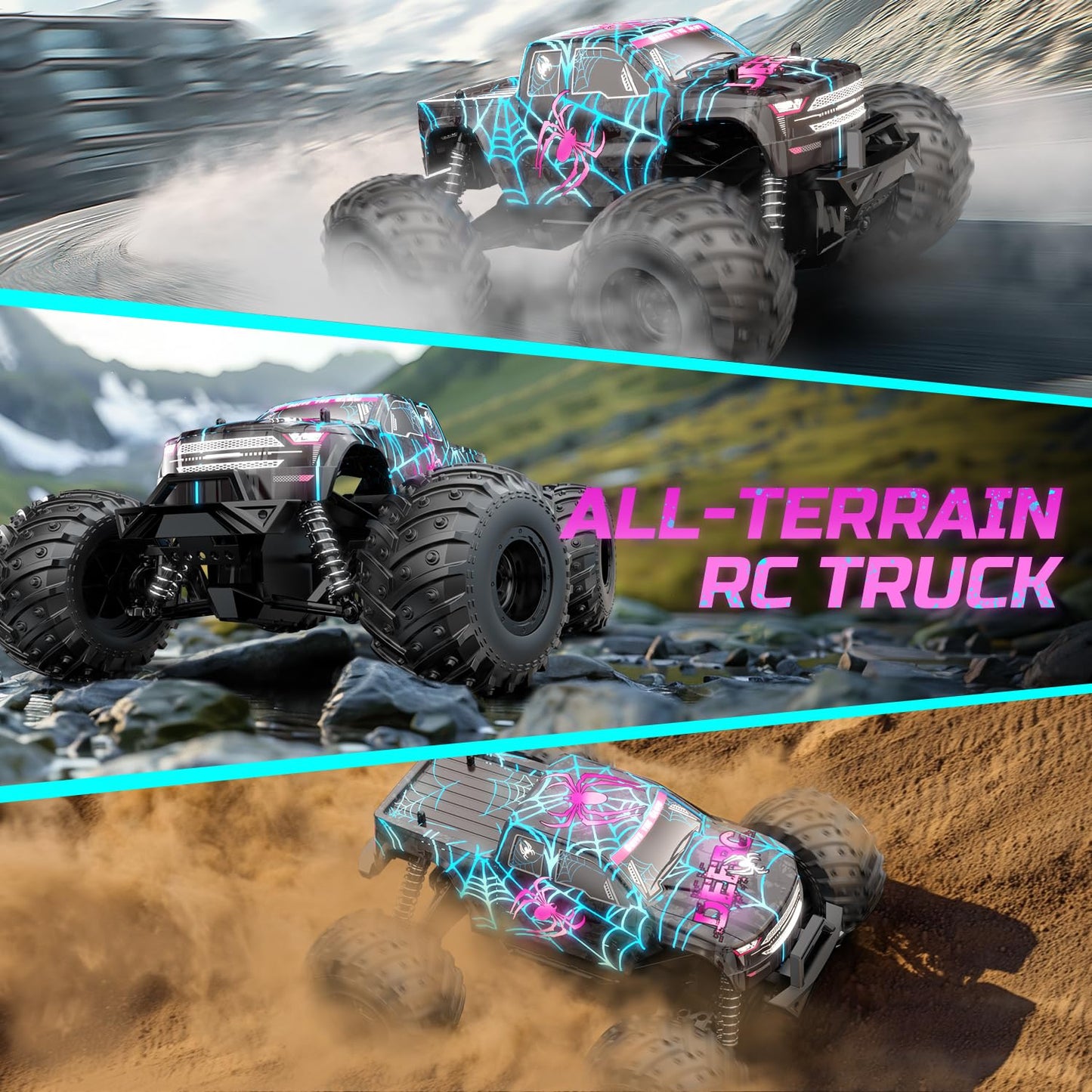 DEERC 1:16 Remote Control Car, Glow-in-the-Dark Spider Design RC Car, up to 15 km/h, 30 minutes playtime, All-Terrain 2.4GhZ Monster Spider Truck - Gift for Kids aged 6 7 8 9 years.
