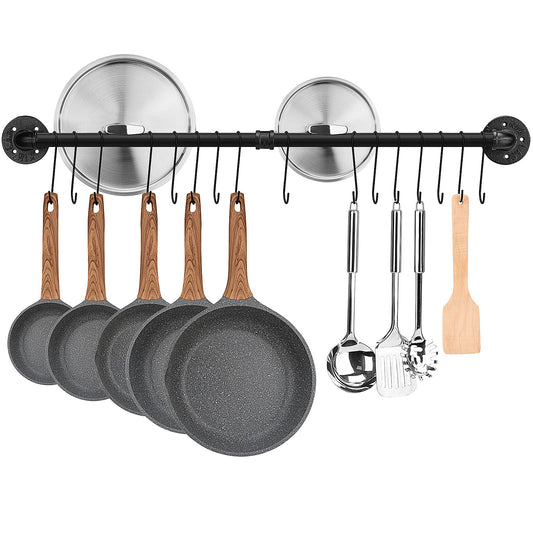 Toplife kitchen hook rack 100 cm, black hanging bar with 16 hooks, pole for kitchen utensils.
