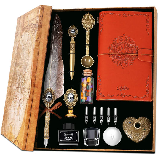 MPRINCE Feather Calligraphy Set - Quill Pen and Ink, Notebook, Wax Seal Stamp - Beautiful Gift Set in Gray.