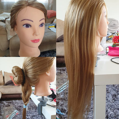 Neverland Hairstyling Head, 28 Inch 60% Real Human Hair Mannequin Head for Hairdressing with Table Clamp + DIY Hair Styling Tools Set (Gold)