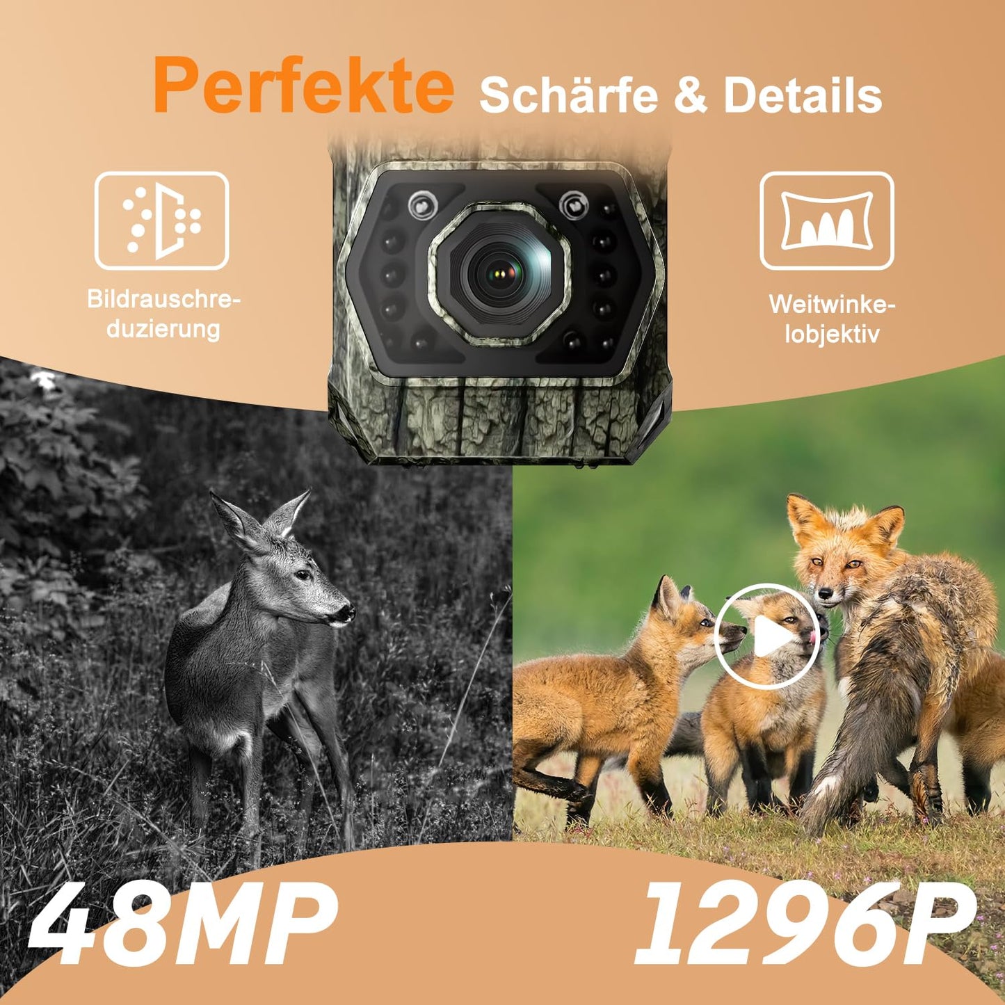Wireless trail camera with mobile transfer app, solar-powered wildlife camera with 5200mAh battery, motion sensor night vision 0.1s trigger time, Bluetooth wildlife camera night vision, IP66 waterproof.