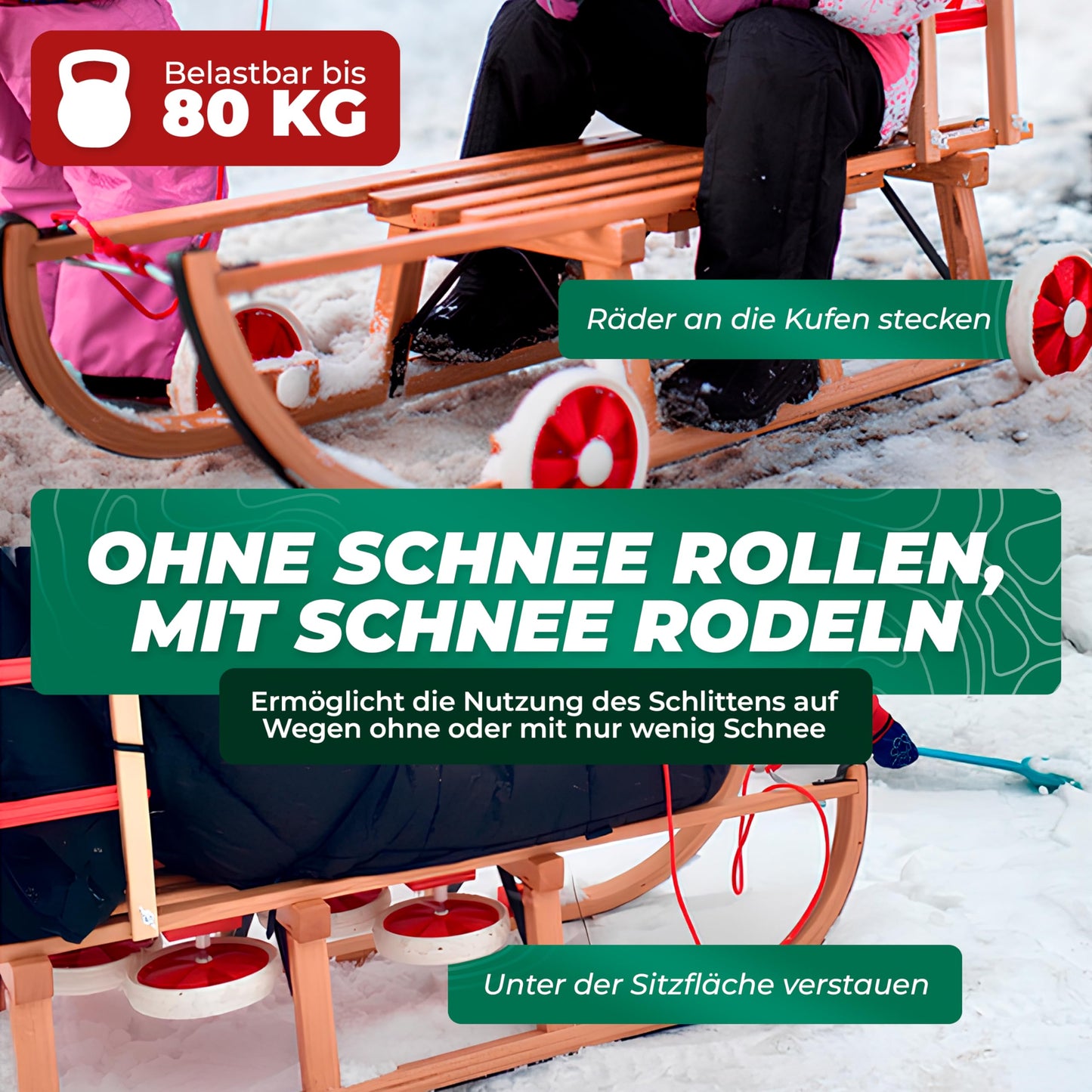 Roll Rodel Original wooden sled with wheels for use on pavement and snow - sled with wheels, red plastic backrest, and pull rope (Davos sled 110cm) - children's vehicle - baby sled