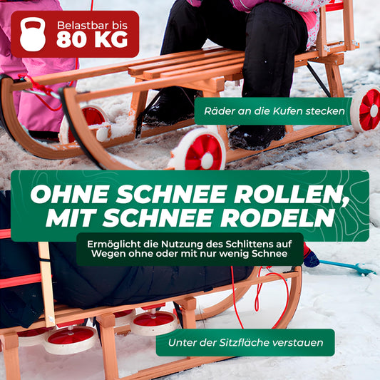 Roll Rodel Original wooden sled with wheels for use on pavement and snow - sled with wheels, red plastic backrest, and pull rope (Davos sled 110cm) - children's vehicle - baby sled