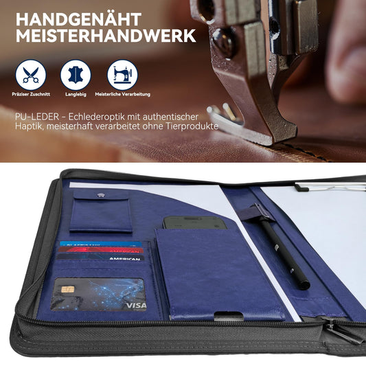 NEWYES A4 document folder, water-resistant with zipper & clipboard, faux leather portfolio perfect for business trips, teachers as a gift, or office use - Dark Blue.