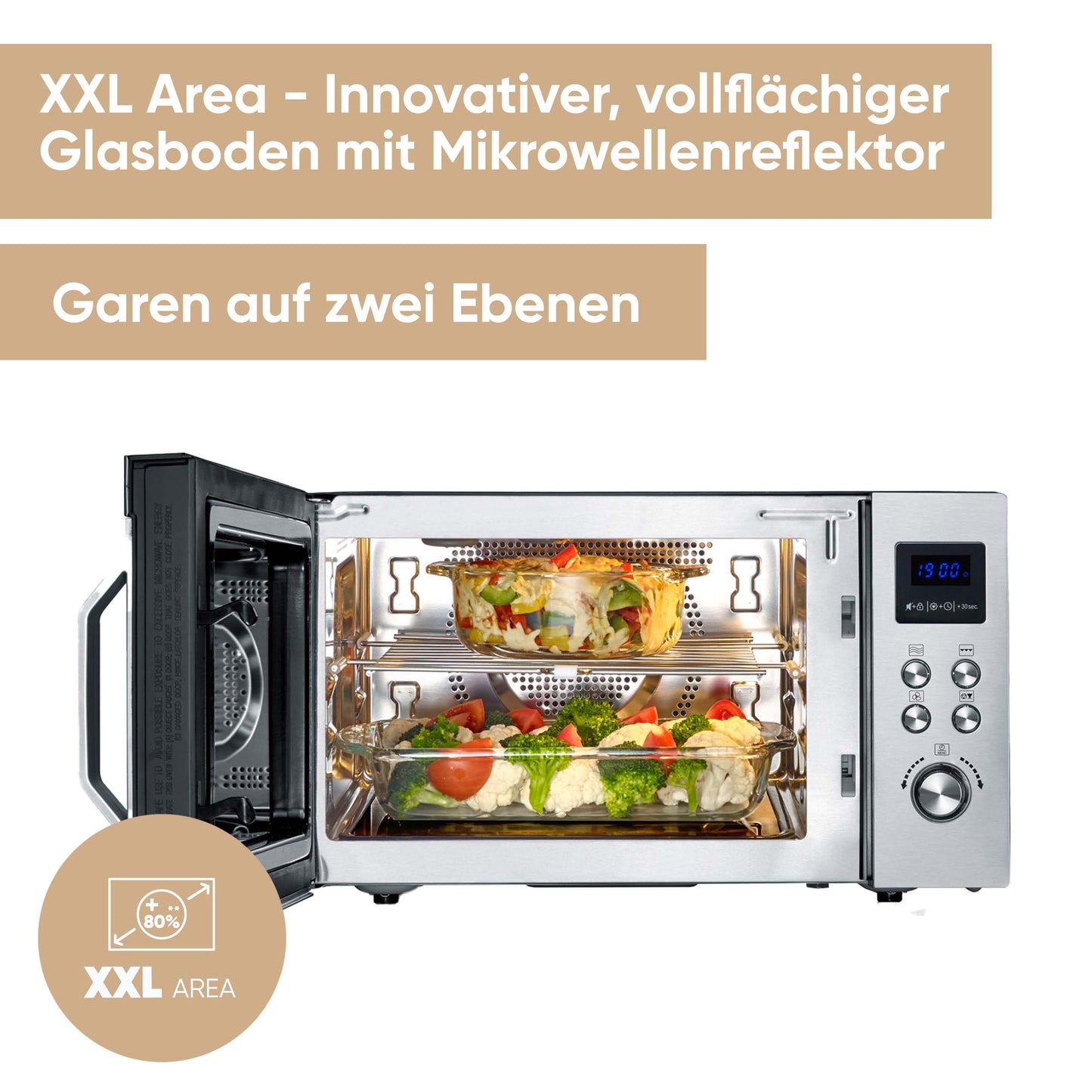SEVERIN 3-in-1 microwave with glass bottom, grill, and hot air function, large cooking area for square dishes, black/stainless steel, MW 7777
