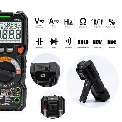KAIWEETS Digital Multimeter with LED jacks, True RMS Auto-Range 6000 Counts, measures voltage, capacitance, temperature, resistance for electricians.