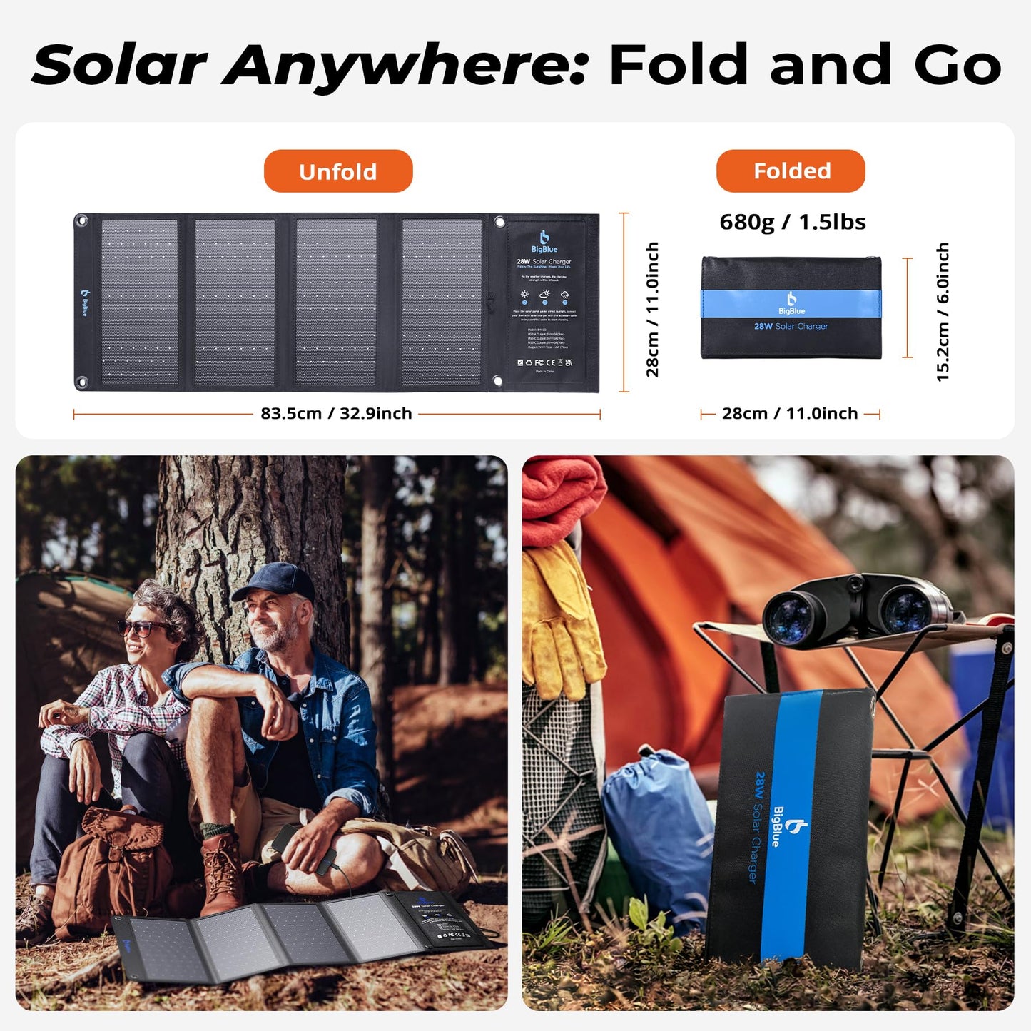 BigBlue 28W Portable Solar Charger with 2 USB C + 1 USB A Ports (4.8A total), IP44 Waterproof Solar Panel, Foldable, Ideal for Outdoor Activities, for Recharging USB Devices - iPhone Android GoPro.
