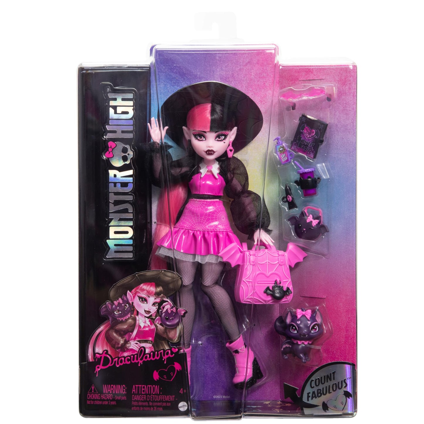 Monster High Draculaura doll with her pet, the bat cat Count Fabulous, and accessories like backpack, spellbook, bento box, and more, HRP64