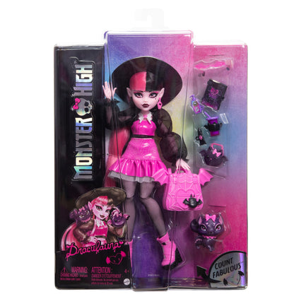 Monster High Draculaura doll with her pet, the bat cat Count Fabulous, and accessories like backpack, spellbook, bento box, and more, HRP64