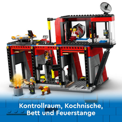 LEGO City Fire Station with Ladder Truck, fire brigade toy with fire station and fire truck, birthday gift for kids aged 6+, set includes dog and 5 minifigures 60414
