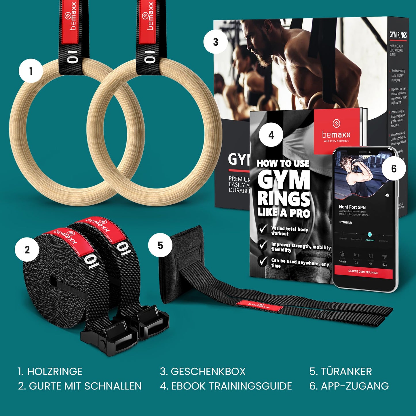 BeMaxx Wooden Gymnastic Rings + Door Anchor & Training eBook - Olympic Gymnastic Wooden Rings & Straps + Markings | Gymnastic Rings Fitness Rings Workout Sport | Men Women