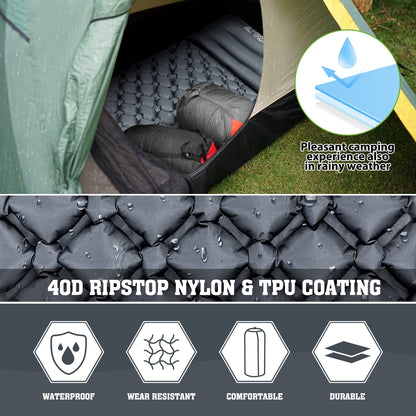 HIKENTURE sleeping pad for camping, trekking, and backpacking. Inflatable air mattress with small pack size and ultralight design. Grey with pillow.