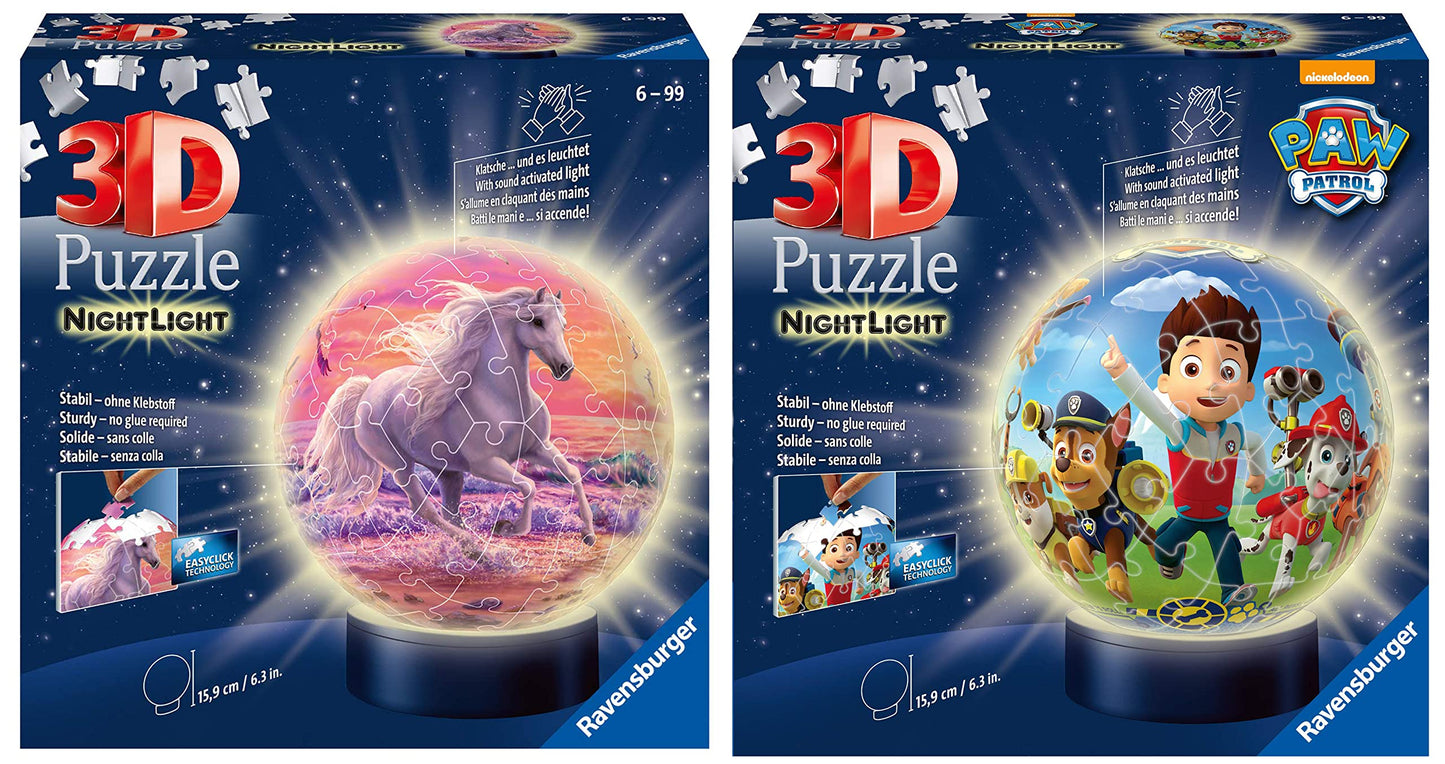Ravensburger 3D Puzzle 11843 - Nightlight Puzzle-Ball Horses at the Beach - 72 pieces - for ages 6 & up / 3D Puzzle 11842 - Nightlight Puzzle-Ball Paw Patrol - 72 pieces - for ages 6 & up