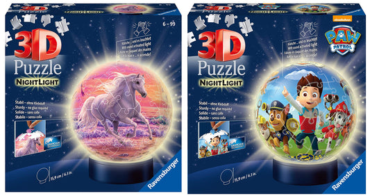 Ravensburger 3D Puzzle 11843 - Nightlight Puzzle-Ball Horses at the Beach - 72 pieces - for ages 6 & up / 3D Puzzle 11842 - Nightlight Puzzle-Ball Paw Patrol - 72 pieces - for ages 6 & up
