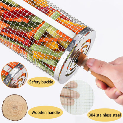 Rolling grill basket, stainless steel grill basket vegetable grilling accessory. 304 stainless steel with detachable wooden handles. Outdoor cooking camping outdoor kitchen grill rack (2 pieces).