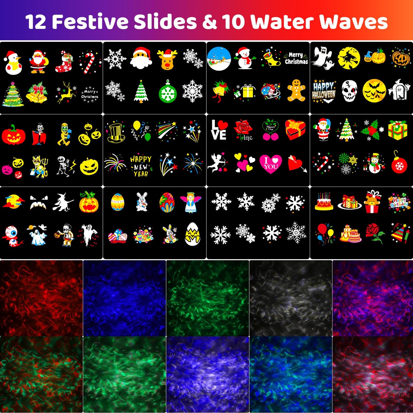 NACATIN Christmas Projector, 2-in-1 LED projector with 12 interchangeable slides (96 patterns) & 10 water waves, waterproof with remote control for indoor and outdoor Christmas decorations, parties