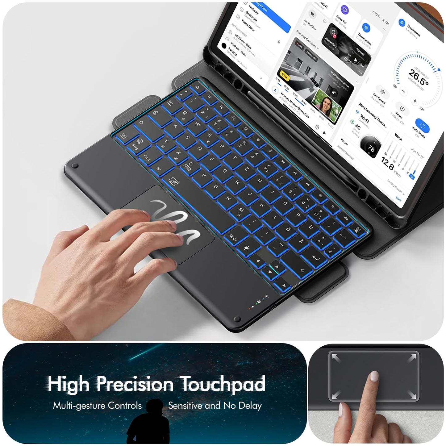 INFILAND for Samsung Galaxy Tab S9 FE+ Plus/S9+ Plus Case with Keyboard, [High-precision Touchpad] 360 Degree Rotatable Stand, German Backlit Bluetooth Samsung Galaxy Tab S9 Plus Keyboard, Black
