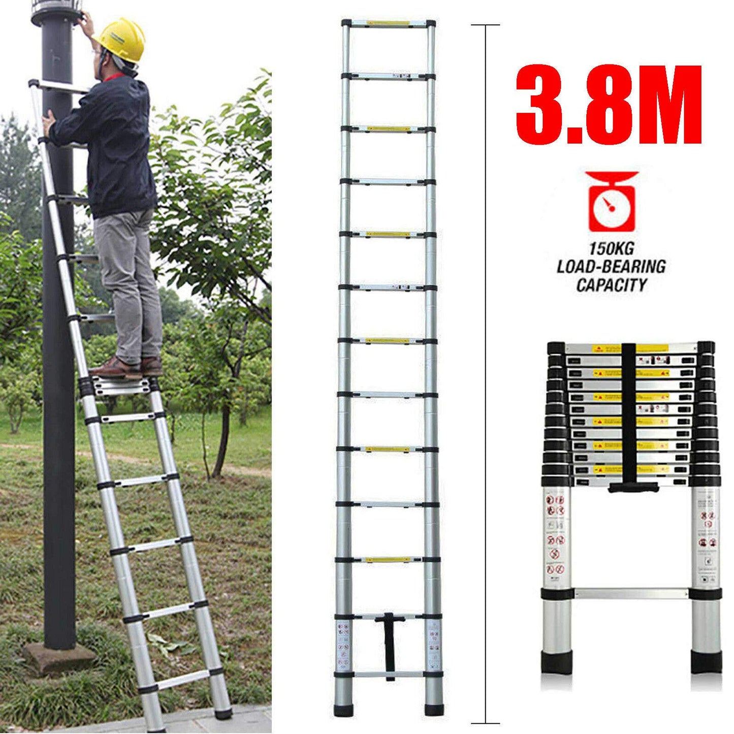 Multipurpose ladder 3.8m telescopic ladder aluminum folding ladder non-slip extendable sturdy step ladder 150 kg/330 lbs capacity.