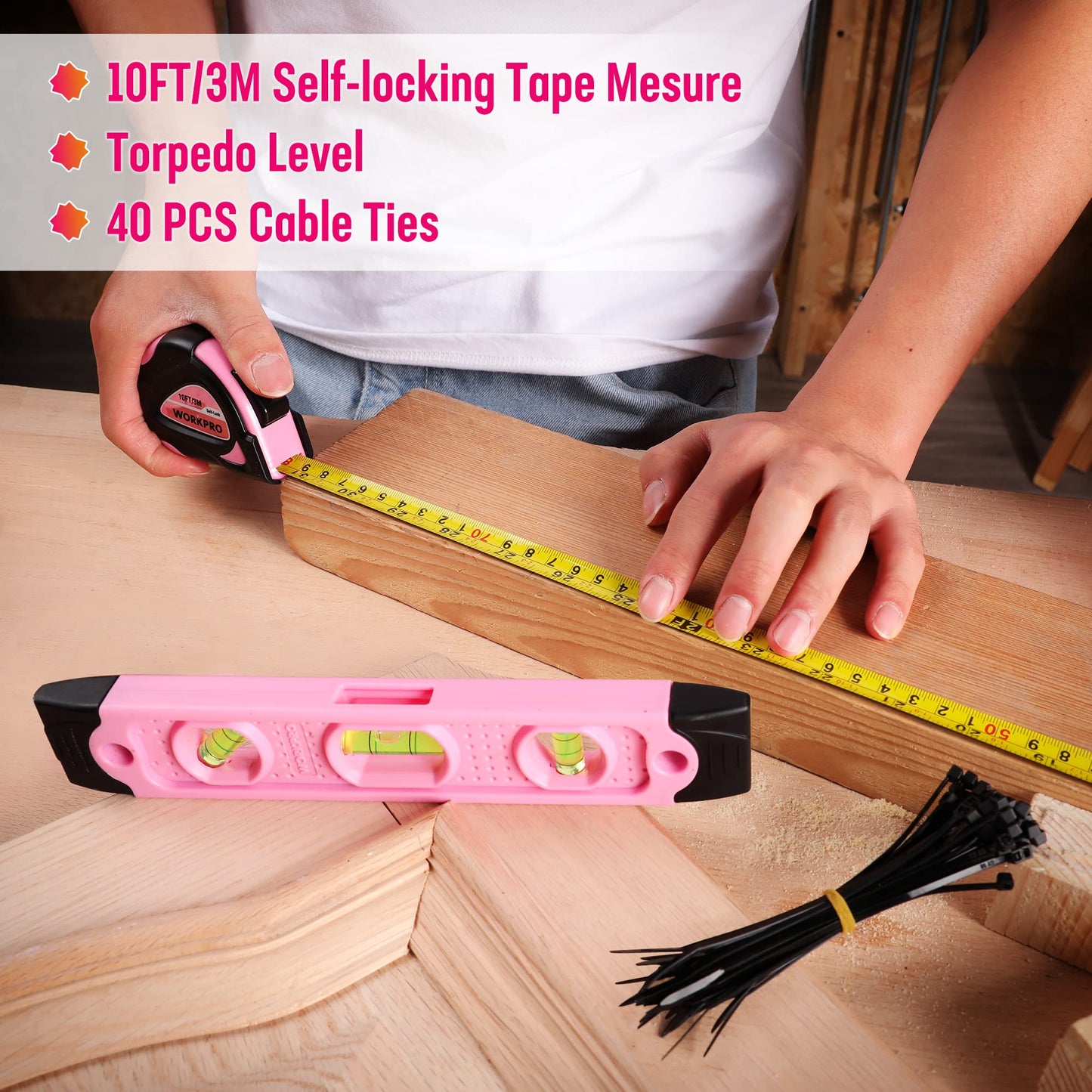 WORKPRO 73-piece Tool Set Pink with small cordless screwdriver, pink metal toolbox filled for household repairs with level, water pump pliers, a gift for mom DIYer.