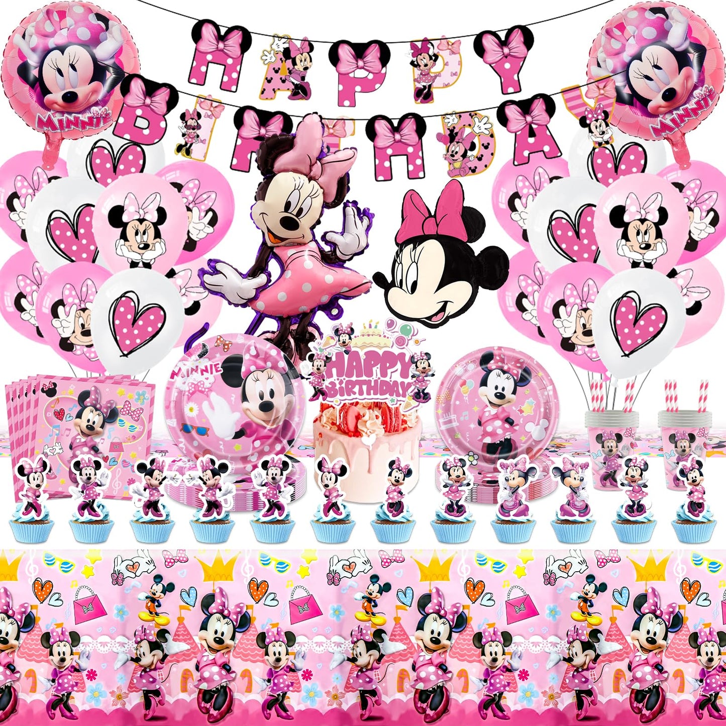Minnie Mouse paper plates for kids birthday party décor - 100 pieces of pink Minnie birthday party supplies, Mickey birthday decorations for girls, partyware set includes napkins, tablecloth, balloons, banner, and cake decorations.