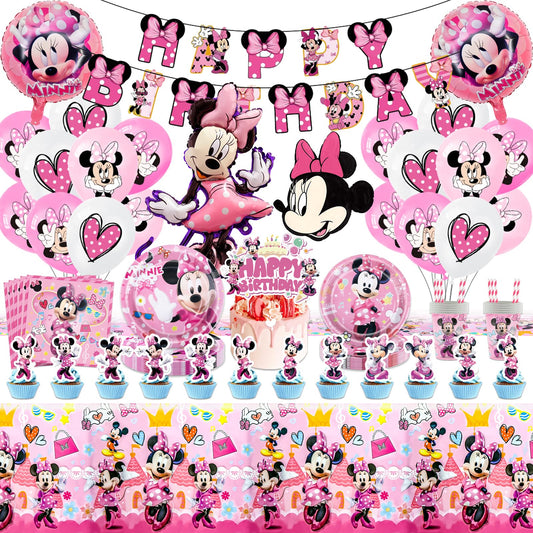 Minnie Mouse paper plates for kids birthday party décor - 100 pieces of pink Minnie birthday party supplies, Mickey birthday decorations for girls, partyware set includes napkins, tablecloth, balloons, banner, and cake decorations.