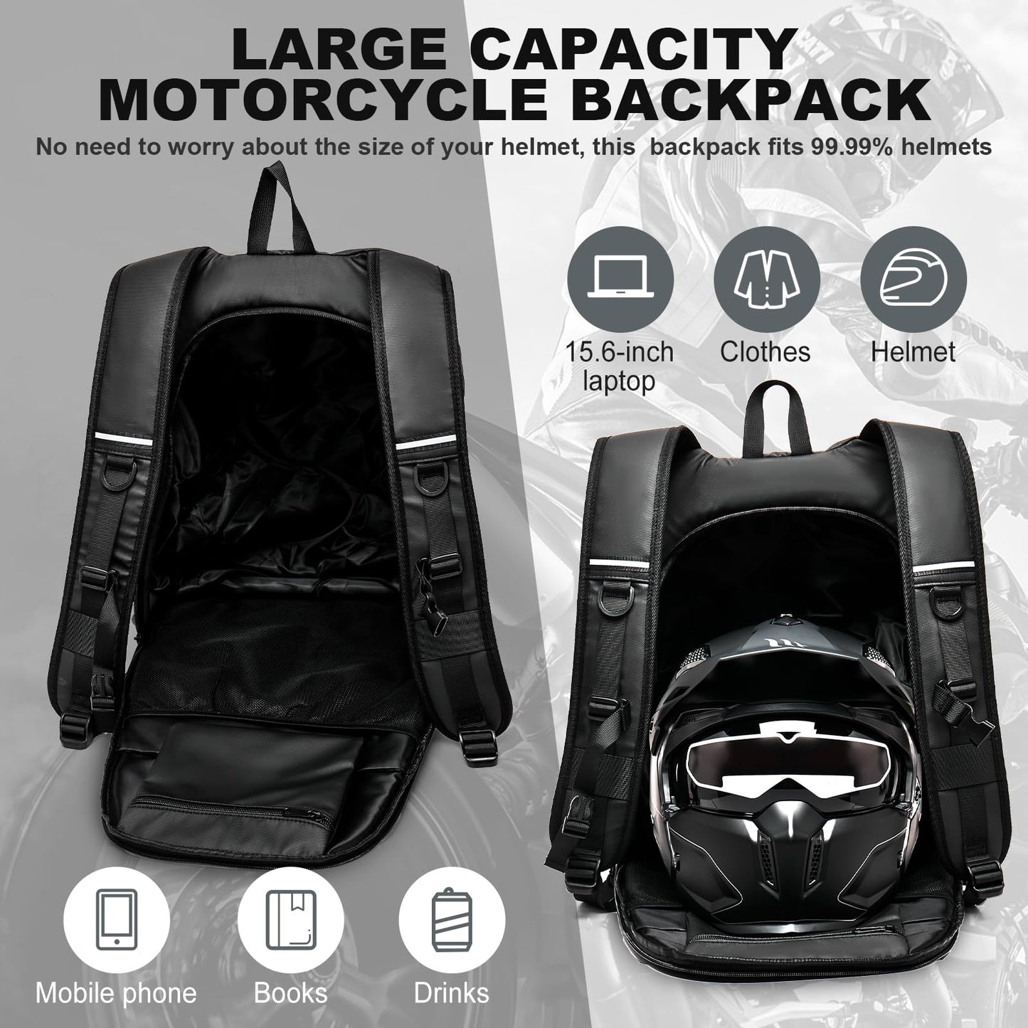 WEPLAN Motorcycle Backpack Men Waterproof Helmet Bag Motorbike Backpacks Helmet Backpack Motorcycle Helmet Women Motorcycle Backpack Men Motorcycle Backpacks Reflective Travel Backpacks Lightweight, Black L