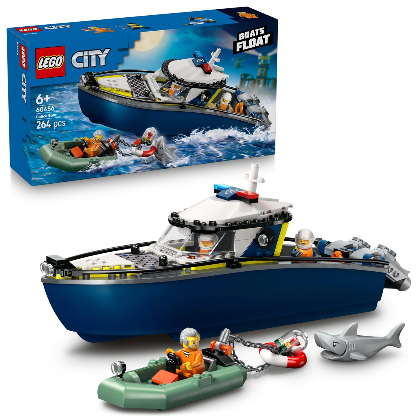 LEGO City Police Boat Chase - playset with floating speedboat, robber's dinghy, 3 minifigures, and a shark figure - ideal gift for boys and girls 6 years and up - 60456.