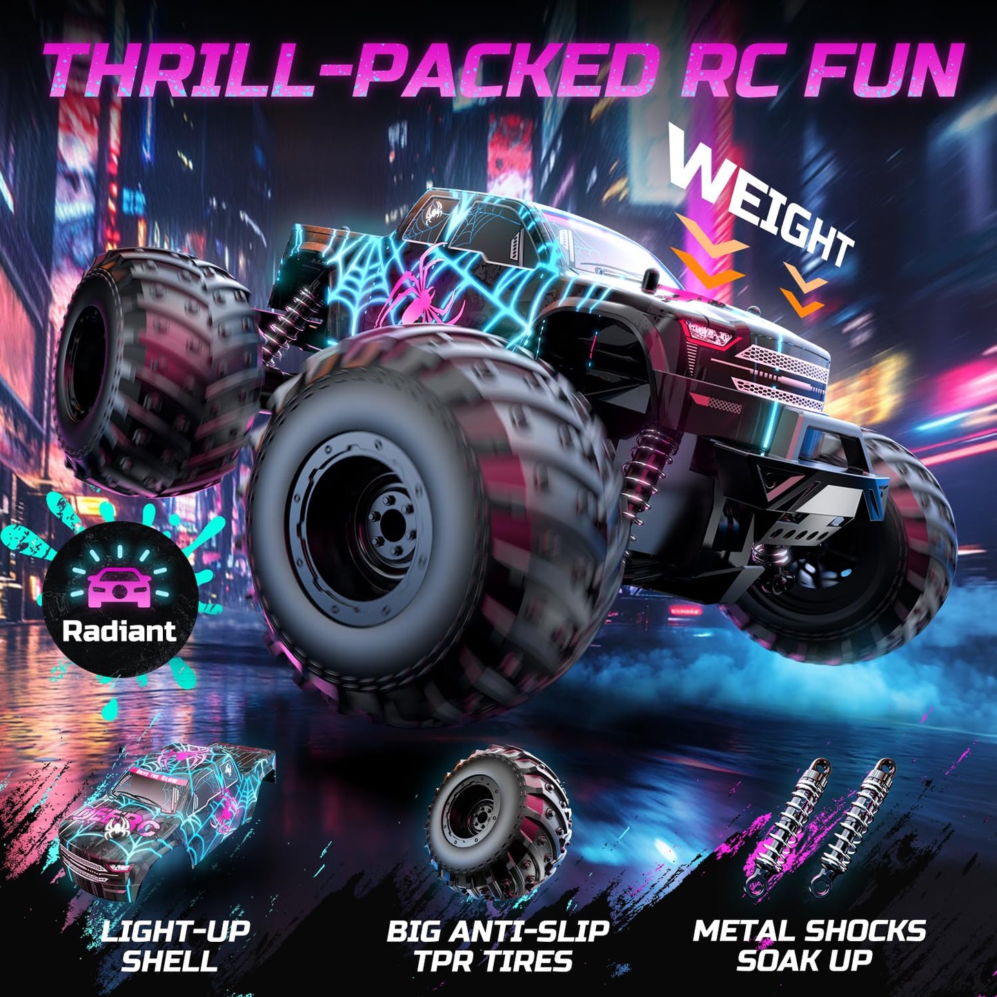 DEERC 1:16 Remote Control Car, Glow-in-the-Dark Spider Design RC Car, up to 15 km/h, 30 minutes playtime, All-Terrain 2.4GhZ Monster Spider Truck - Gift for Kids aged 6 7 8 9 years.