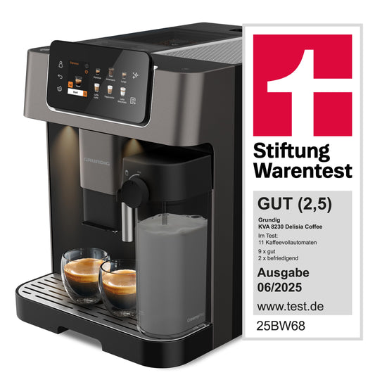 Grundig KVA 8230 fully automatic coffee machine, 18 coffee specialties, 13 grind settings, milk container, powerful 1350 W, 19 bar pump pressure, dual nozzle, lighting, black/dark silver.