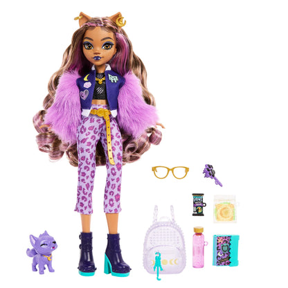 Monster High Clawdeen Wolf doll with pet dog Crescent and accessories like backpack, calendar, snacks, and more, HRP65