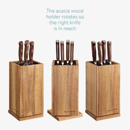Navaris rotating magnetic knife block made of acacia wood with bristle insert - wooden knife block without knives for kitchen knives, chef's knives, and cooking utensils.