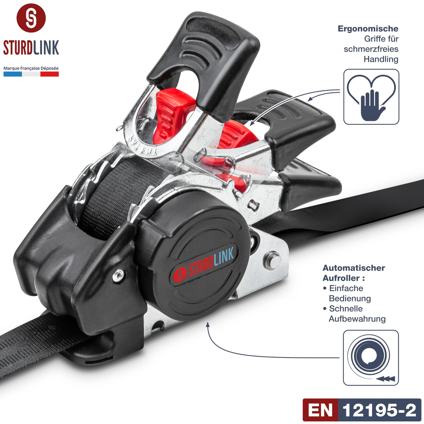 Automatic ratchet strap 3m 25mm with S hook 300kg/600kg | Set of 4 self-retracting ratchet straps | Automatic strap winder | Tie-down strap for car trailers, quads, motorcycles.