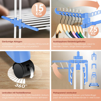 KESSER® Laundry Rack Tower with Wheels Space-saving clothes dryer for indoor & outdoor use 4 levels 2 swiveling side wings and 6 folding levels Standing dryer laundry tower Foldable, incl. Clamps