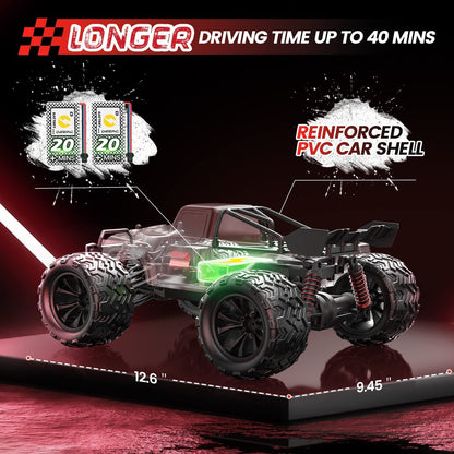 DEERC Remote Control Car, 1:16 Scale RC Car for Adults, 40 KM/H, 4WD All Terrain Off-Road 2.4Ghz RC Crawler with LED Light, 2 Batteries, Toy Gift for Kids