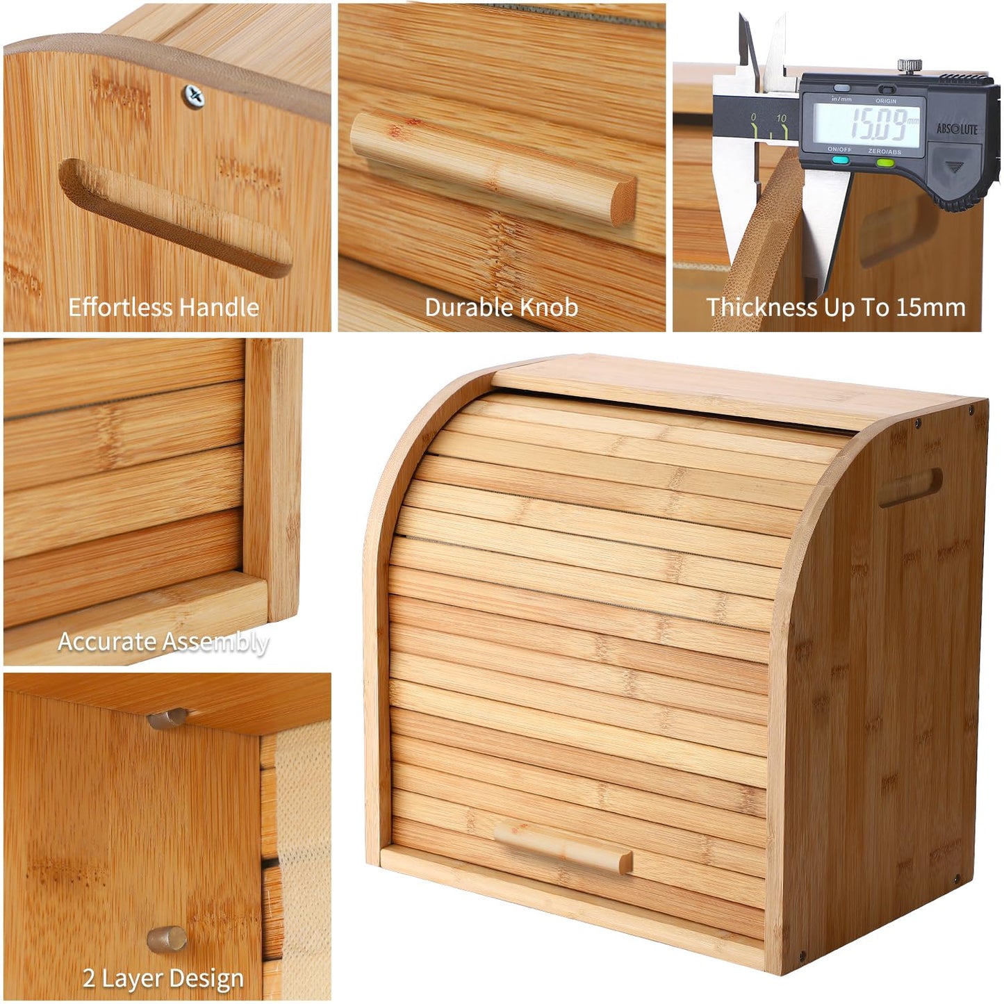 G.a HOMEFAVOR Bamboo Bread Box 2-Tier Bread Holder Roll-Top Bread Storage with Removable Layer, Self-assembly, 38x25x34cm