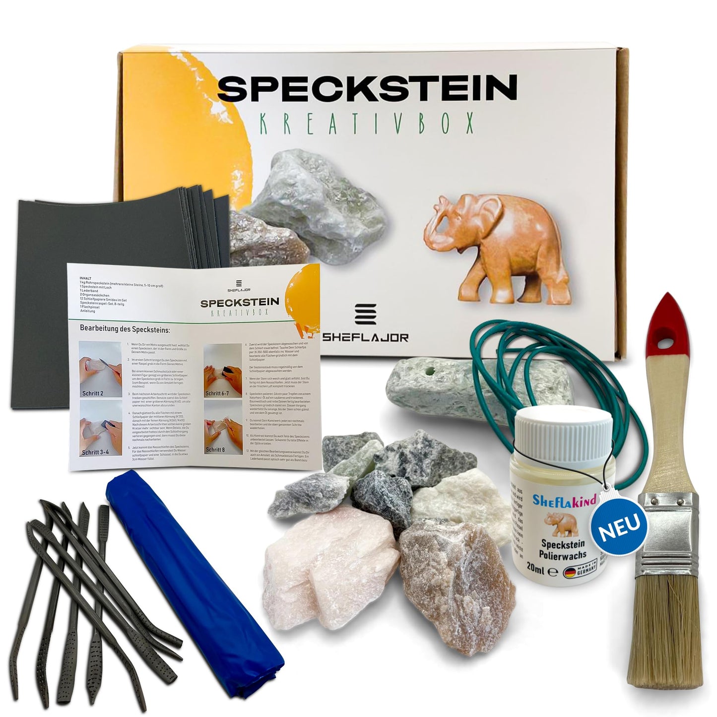 Sheflajor soapstone set including polishing wax [Made in Germany] - Creative craft kit for children aged 7 and up, girls, boys & adults - Promotes concentration & stress relief.