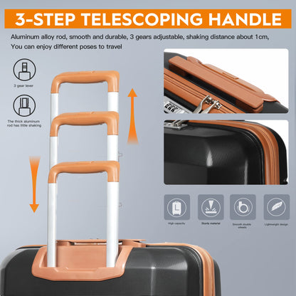 Joyway luggage set 3 pieces hard shell with 4 wheels and TSA lock. The luggage set includes 1 cosmetic case and 1 portable bag in black/brown.