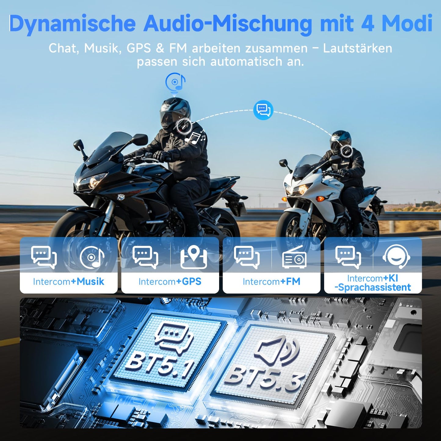 Moman Motorcycle Intercom Headset, H2S 1000M Motorcycle Helmet Communication System ENC & DSP & CVC Noise Reduction Multitasking Audio Hi-Fi Stereo Music Sharing FM AI Voice IPX6 Waterproof (2 Pack)