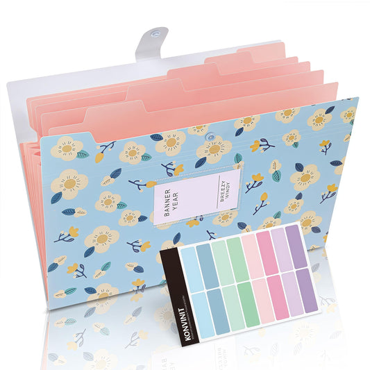 KONVINIT document folder expanding A4 file folder with 5 compartments Expandable organizer folder for school/home/work/office School supplies aesthetic, 2 pieces