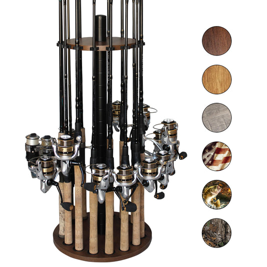 Rush Creek Creations Round Fishing Rod Holder for 16 freshwater fishing rods, fishing gear and accessories, rod holder with 16 rod clips for garage organization.