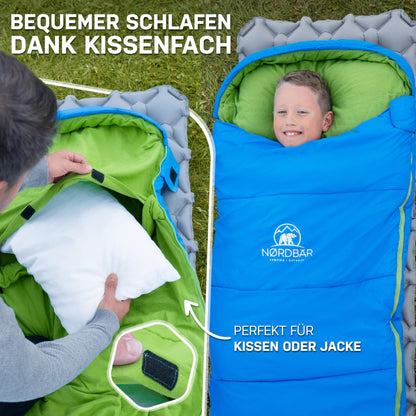 NORDBÄR® Kids Sleeping Bag for boys & girls up to 145cm height | 100% cotton lining | Mummy style bag, light & warm | Children's outdoor sleeping bag [1200g]