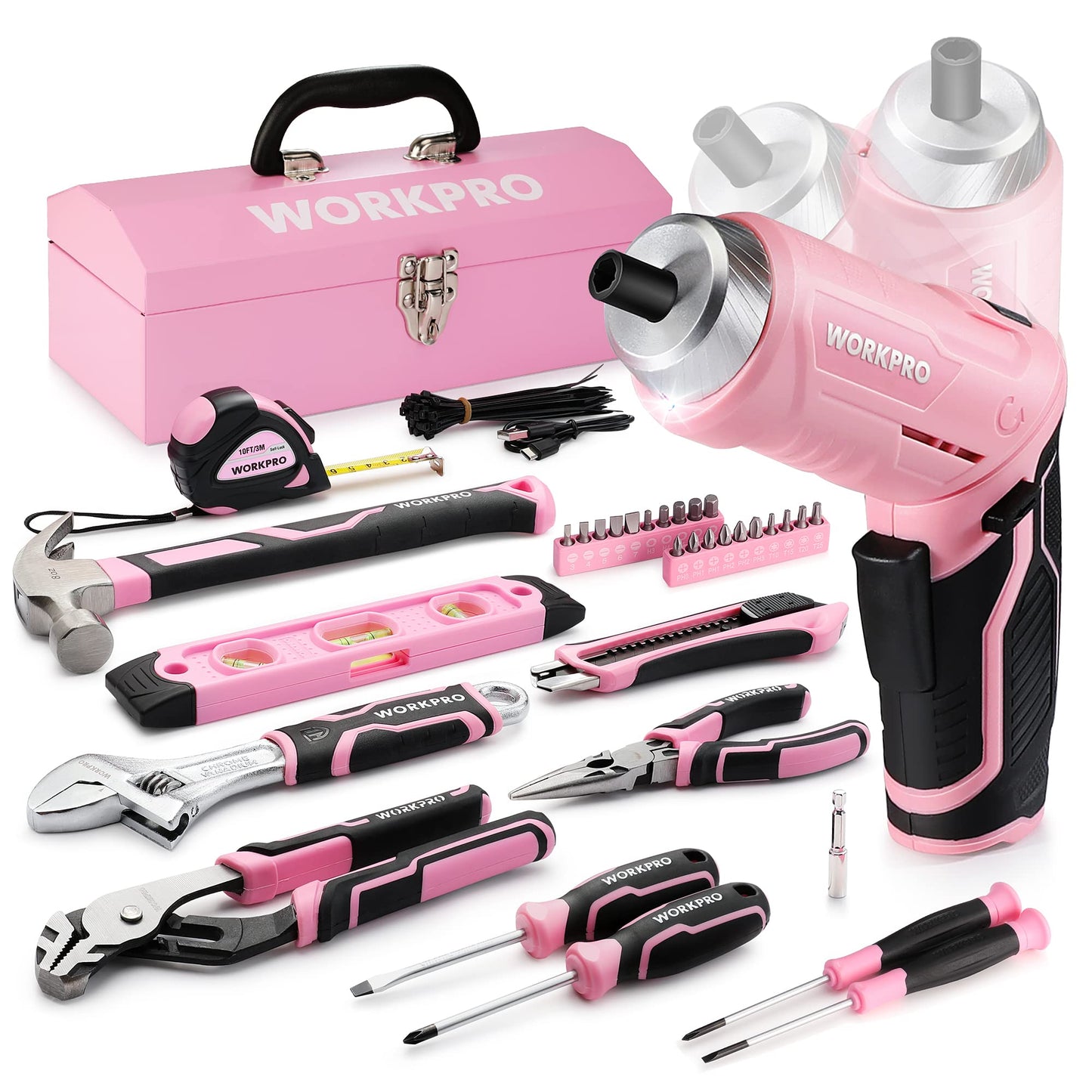WORKPRO 73-piece Tool Set Pink with small cordless screwdriver, pink metal toolbox filled for household repairs with level, water pump pliers, a gift for mom DIYer.