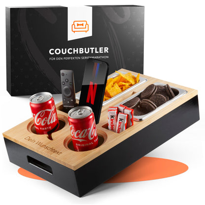 NewHabitat | Couchbar - Personalized snack box made of bamboo with engraving | Sofa tray with 2 snack bowls, 2 drink holders with coasters, magnetic lid, phone holder, includes gift box.