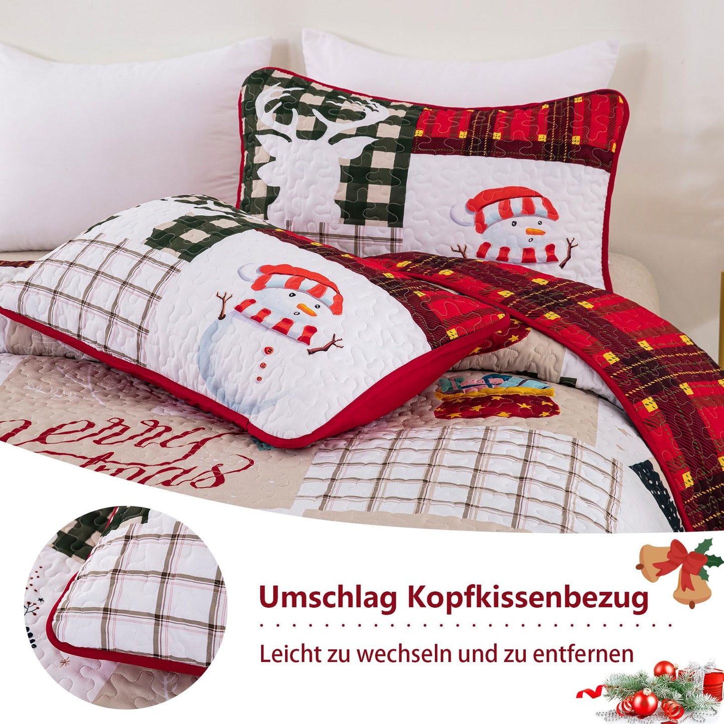 WONGS BEDDING Quilt 220x240 Bedspread Quilt Double Bed Quilted Microfiber 3 Pieces Christmas Quilt Bedspread Quilt with 2 Pillowcases 50x75, White & Red Checkered