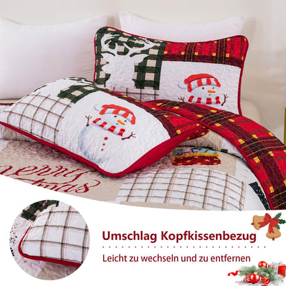WONGS BEDDING Quilt 220x240 Bedspread Quilt Double Bed Quilted Microfiber 3 Pieces Christmas Quilt Bedspread Quilt with 2 Pillowcases 50x75, White & Red Checkered